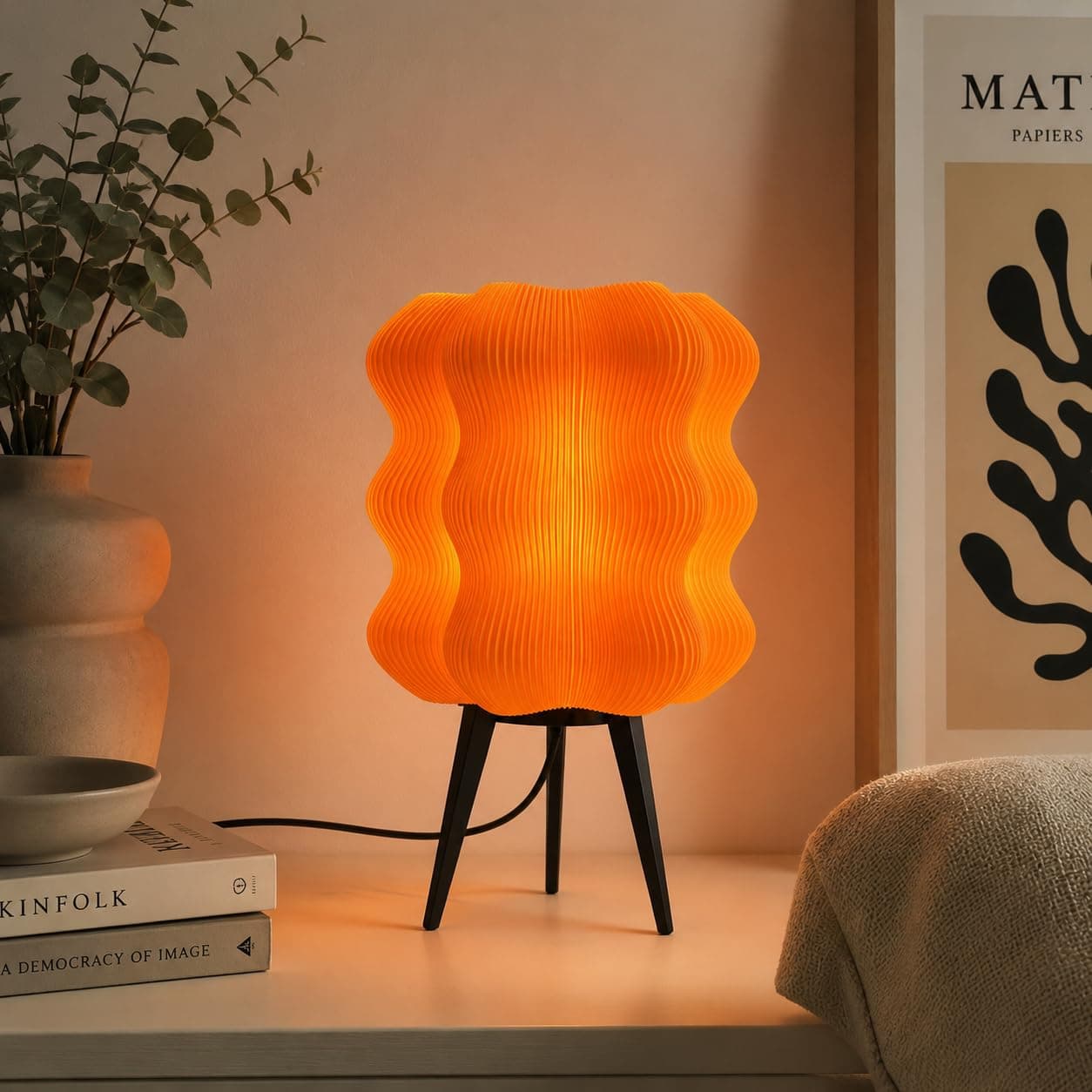 Aura Modern Wavy Table Lamp with Wooden Tripod Stand โ Warm Ambient Light - Image 1